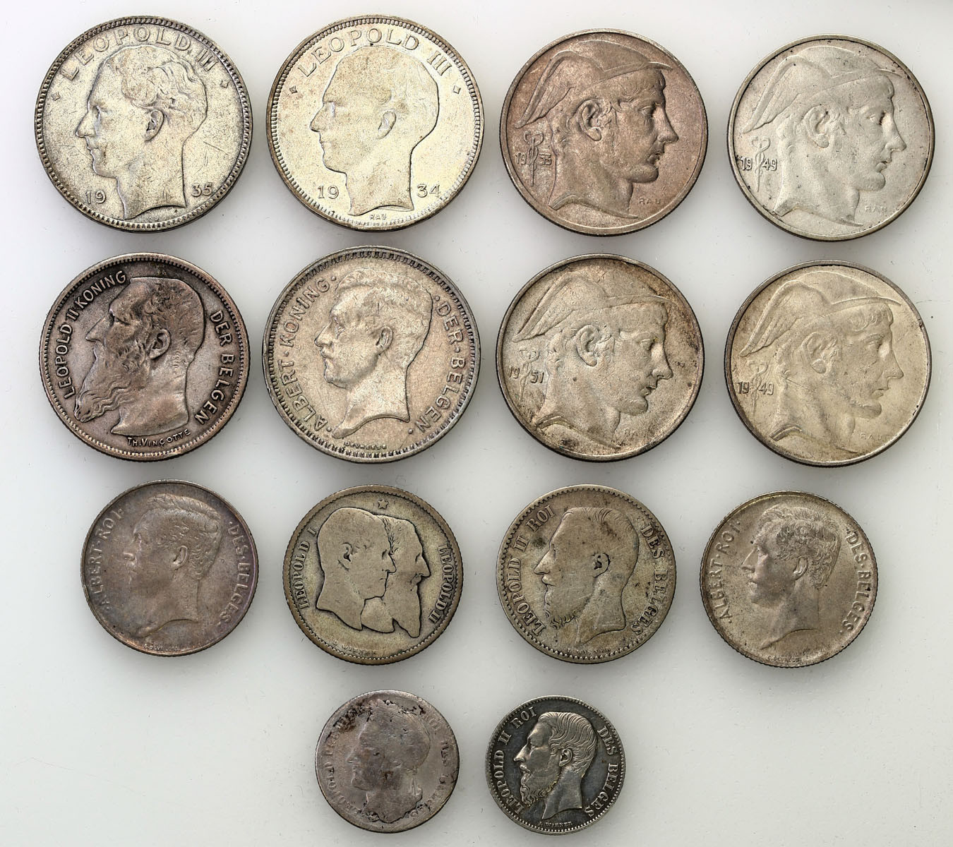 Francja, Belgia. 50 centimes do 20 franków 1834-1953, zestaw 14 monet, srebro
